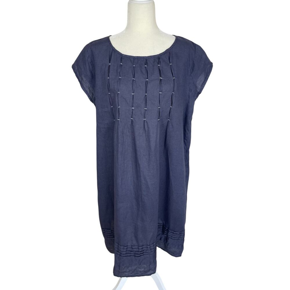 Sundance Linen Pintucked Short Sleeve Shift Dress Blue Sz Large Coastal Cottage